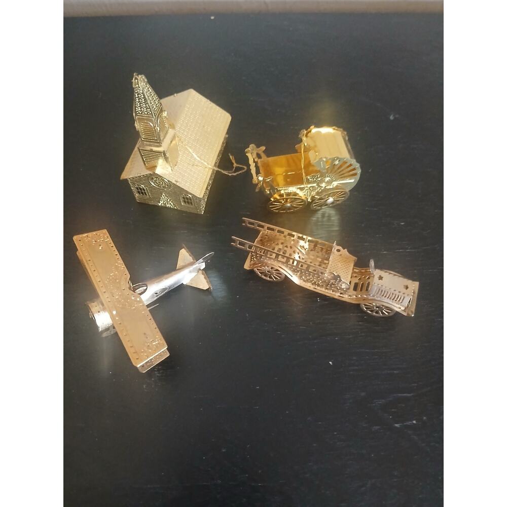 Lot of 4 Christmas Ornaments Cut-away Die Cut 3D Ornaments Gold Brass